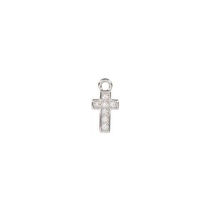 Drop, cubic zirconia and rhodium-plated sterling silver, clear, 9x6mm single-sided cross. Sold individually.