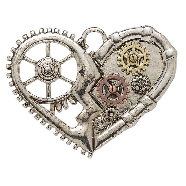 Focal, antique gold- / copper- / silver-finished "pewter" (zinc-based alloy), 2 x 1-1/2 inch single-sided gear heart. Sold individually. image number 0