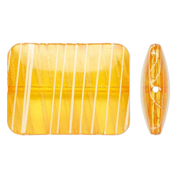 Bead, acrylic, semitransparent orange and white, 40x30mm puffed rectangle with painted line design. Sold per pkg of 12. image number 0