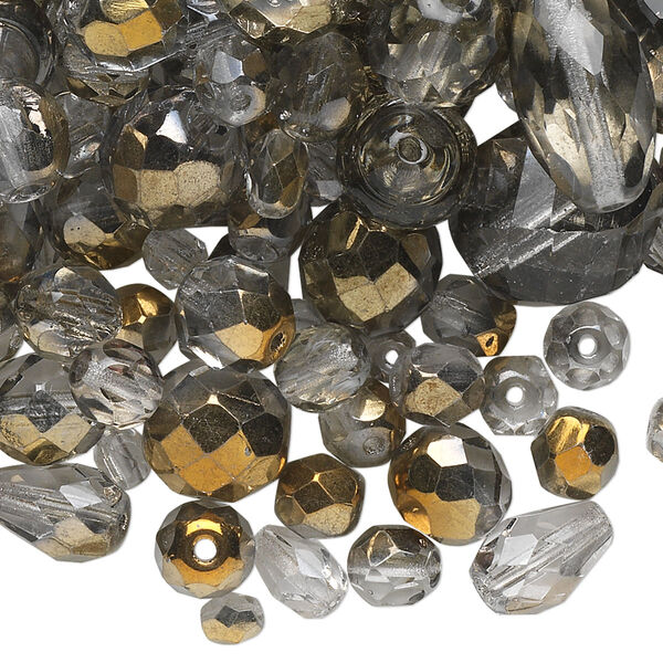 Bead mix, Czech fire-polished glass, smoke and metallic bronze, 4x4mm-20x15mm faceted round / faceted teardrop / faceted round tube. Sold per 1/4 pound pkg, approximately 260 beads. image number 0