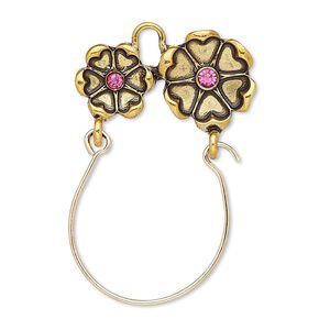 Focal, antiqued gold-finished "pewter" (zinc-based alloy) and steel / Czech glass rhinestone, pink, 37x24mm single-sided charm holder with 25x13mm flowers. Sold per pkg of 2.