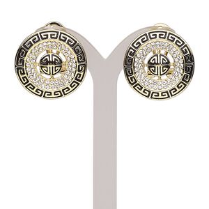 Earring, Austrian crystal / enamel / stainless steel / gold-finished brass / "pewter" (zinc-based alloy), black and clear, 24mm round with Greek key design and post with latch-back closure. Sold per pair.