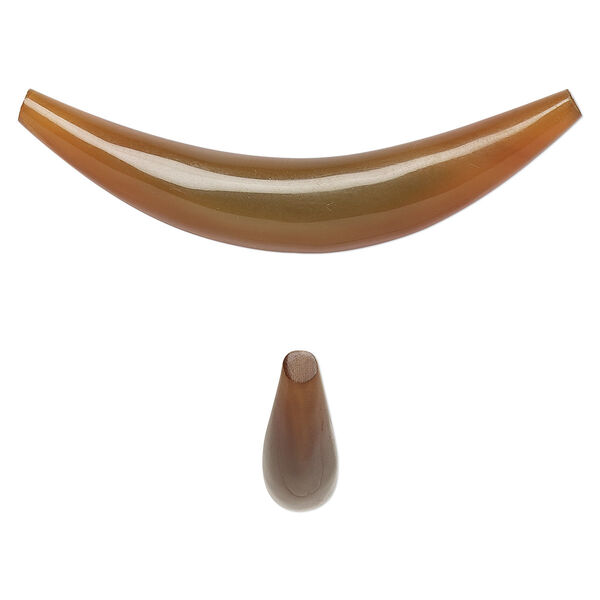 Component, horn (dyed), golden, 8-10mm wide, 2 x 1/2 inch to 2-1/4 x 3/4 inch undrilled curve with tapered 4-5mm ends. Sold individually. image number 0
