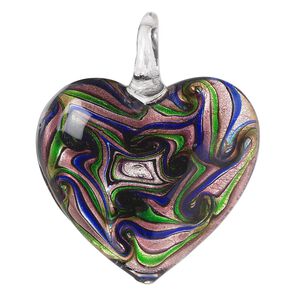 Pendant, lampworked glass, blue / pink / multicolored with silver-colored foil, 47x40mm single-sided puffed heart with swirled design. Sold individually.