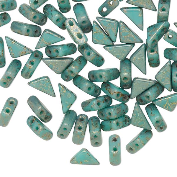 Bead, Tango™, Czech pressed glass, opaque luminous pecan green turquoise, 8x6x6mm triangle with (2) 0.7-0.8mm holes. Sold per 10-gram pkg, approximately 65 beads. image number 0