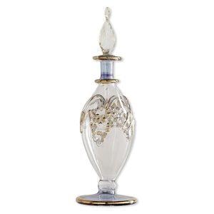Perfume bottle, handblown glass, translucent clear / gold / iridescent blue, 6x1-3/4 inches with grapes design and twisted leaf stopper. Sold individually.