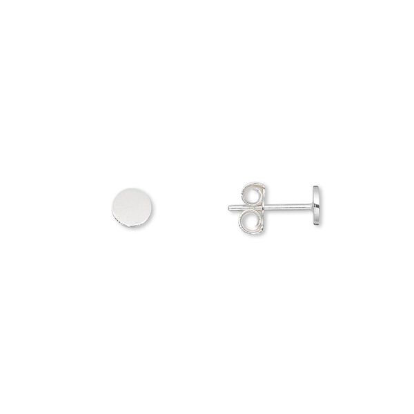 Earstud, sterling silver, 4mm round flat pad. Sold per pkg of 5 pairs. image number 0