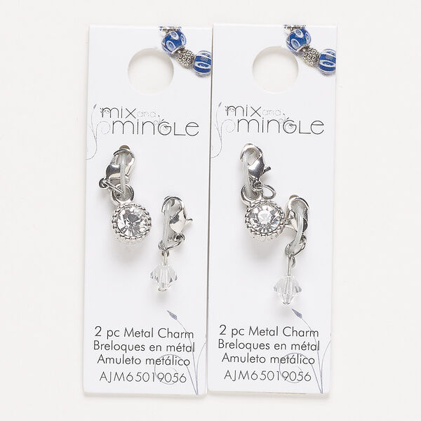 Drop, silver-finished "pewter" (zinc-based alloy) / steel / glass, clear,22x7mm single-sided and 24x9mm single-sided with lobster claw clasp. Sold per pkg of (2) 2-piece sets. image number 0
