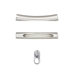 Bead, imitation rhodium-finished brass, 25x4mm curved tube with oval cutout. Sold per pkg of 10.