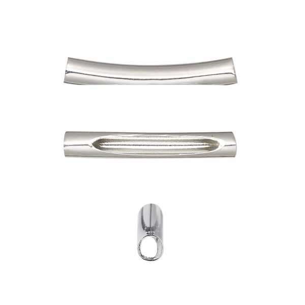 Bead, imitation rhodium-finished brass, 25x4mm curved tube with oval cutout. Sold per pkg of 10. image number 0