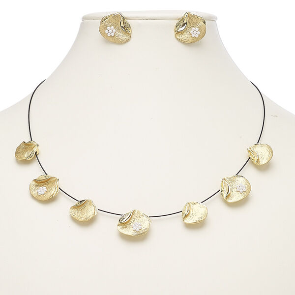 Necklace and earring set, plastic pearl / stainless steel / gold-finished steel / "pewter" (zinc-based alloy), black and white, freeform with flower, 18-inch necklace with 2-inch extender chain and lobster claw clasp, 18x17mm freeform with post. Sold per set. image number 0