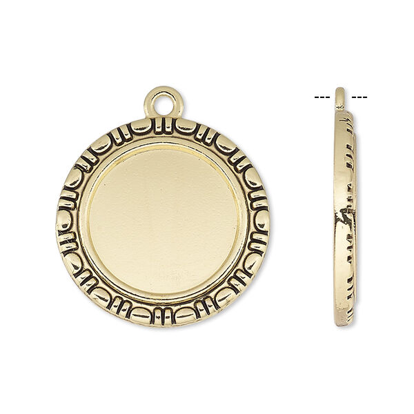 Drop, antique gold-finished "pewter" (zinc-based alloy), 23mm round with rope edge and 16mm round setting. Sold per pkg of 6. image number 0