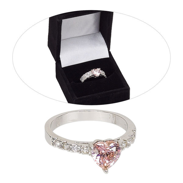 Ring, cubic zirconia and rhodium-finished brass, pink and clear, 2.5mm and 8mm wide wedding bands with heart, size 8. Sold per 2-piece set. image number 0