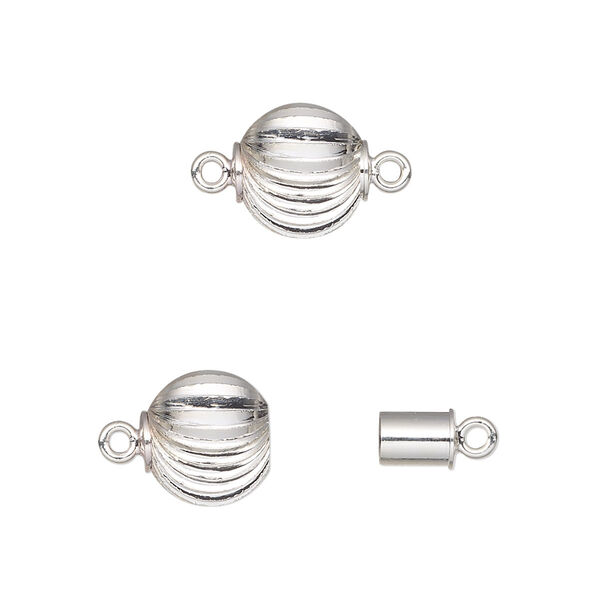 Clasp, magnetic, silver-plated brass, 10mm corrugated round. Sold individually. image number 0