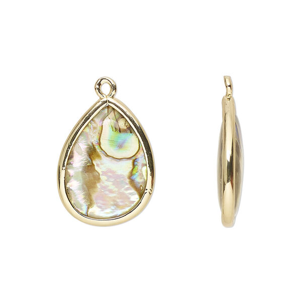 Drop, paua shell and gold-finished brass (assembled), 18.5x13.5mm-20x15mm double-sided teardrop. Sold per pkg of 4. image number 0