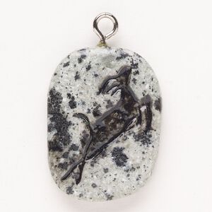 Focal, steel/sesame jasper (natural)/enamel, pkg/1, silver finish and black, 33x24mm single-sided puffed freeform with jumping deer, B grade.