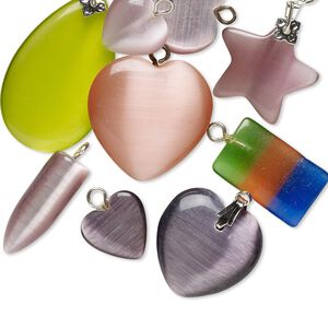 Pendant and drop mix, cat's eye glass (fiber optic glass) and silver-finished steel, mixed colors, 10x8mm-38x25mm mixed shape. Sold per pkg of 10.