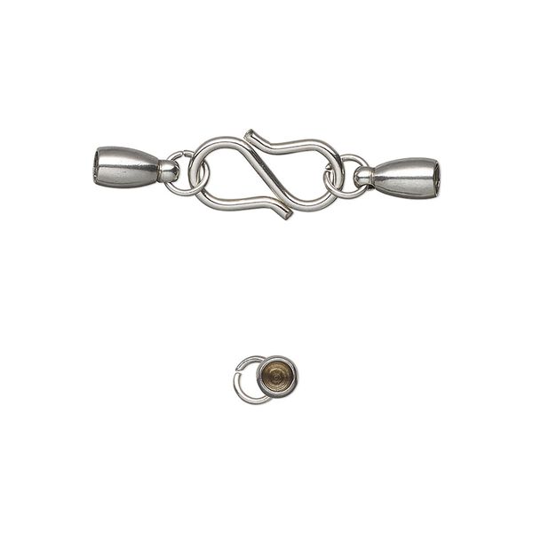 Clasp, S-hook, stainless steel, 28x7mm clasp with 13x7mm hook and 5x3.5mm glue-in bell ends, 2mm inside diameter. Sold individually. image number 0