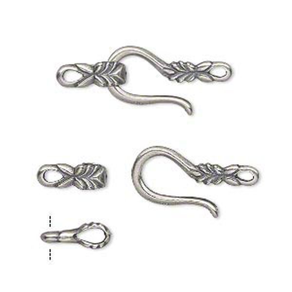 Clasp, JBB Findings, hook-and-eye, antique silver-plated brass, 21x9mm double-sided leaf. Sold individually. image number 0