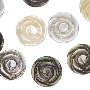 Component mix, black lip shell and golden lip shell (natural), 15mm undrilled carved flower. Mohs hardness 3-1/2. Sold per pkg of 10.