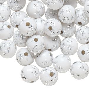 Bead, acrylic, white and silver, 8mm round with stars. Sold per pkg of 100.