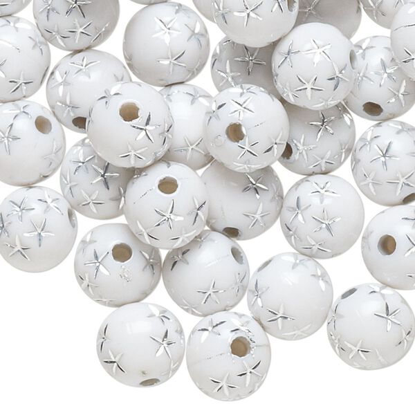 Bead, acrylic, white and silver, 8mm round with stars. Sold per pkg of 100. image number 0