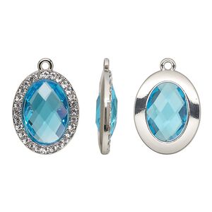 Drop, glass / glass rhinestone / imitation rhodium-finished "pewter" (zinc-based alloy), clear and transparent sapphire blue, 23.5x19mm single-sided oval. Sold per pkg of 2.