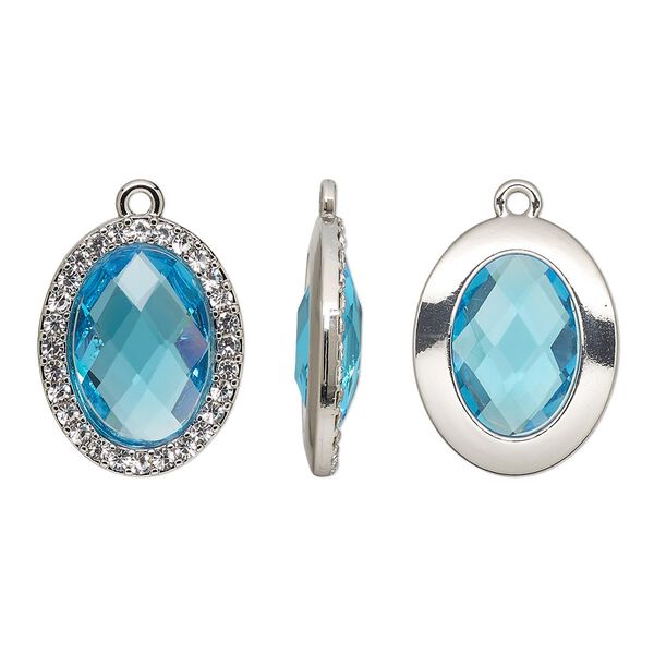 Drop, glass / glass rhinestone / imitation rhodium-finished "pewter" (zinc-based alloy), clear and transparent sapphire blue, 23.5x19mm single-sided oval. Sold per pkg of 2. image number 0