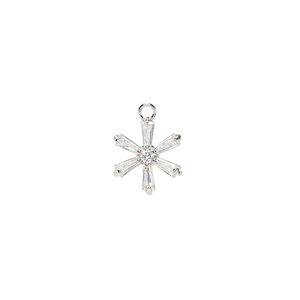 Charm, cubic zirconia and silver-plated brass, clear, 11x10mm single-sided flower. Sold per pkg of 2.