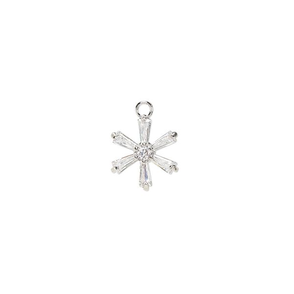 Charm, cubic zirconia and silver-plated brass, clear, 11x10mm single-sided flower. Sold per pkg of 2. image number 0