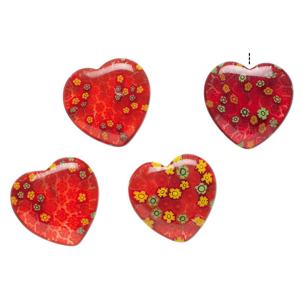 Bead, millefiori glass, translucent multicolored, 18-20mm half-drilled puffed heart with flower design. Sold per pkg of 4. image number 0