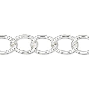 Chain 1pkg1 curb, 9mm, silver-finished brass 50 foot unfinished