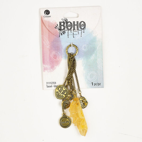 Focal, antique gold-finished steel and acrylic, golden yellow, 4-1/4 x 1-inch dangle with tassel. Sold individually. image number 0