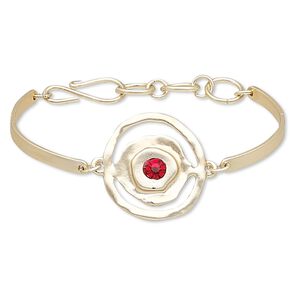 Bracelet, glass rhinestone and gold-finished "pewter" (zinc-based alloy), red, 23mm matte round, 6 inches with hook-and-eye clasp. Sold individually.