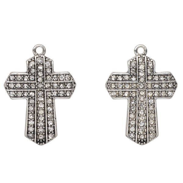 Drop, antique silver-finished "pewter" (zinc-based alloy) and glass, clear, 28x22mm cross. Sold per pkg of 2. image number 0