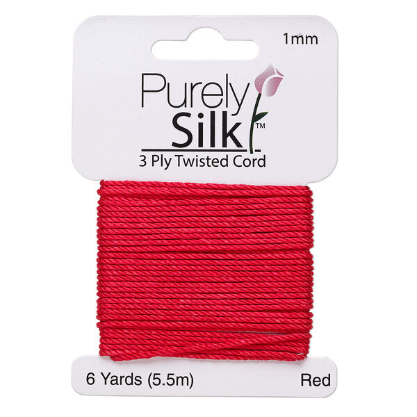 Cord, Purely Silk™, 3-ply, red, 1mm twisted. Sold per 6-yard card. image number 0