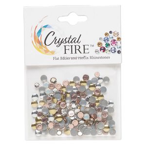 Flat back / rhinestud 1pkg200 mixed colors foil back / mixed platings, Crystal Fire® rhinestone / brass 4mm hotfix round / SS12-SS16 rose round