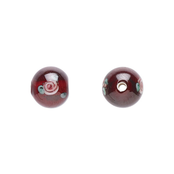 Bead, Czech lampworked glass, opaque red / pink / green, 8-9mm round with flower design. Sold per pkg of 6. image number 0