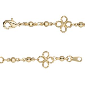 Chain 1pkg1 beaded & clover, 3mm / 8mm filigree / lobster claw clasp, gold-finished brass 20 inch