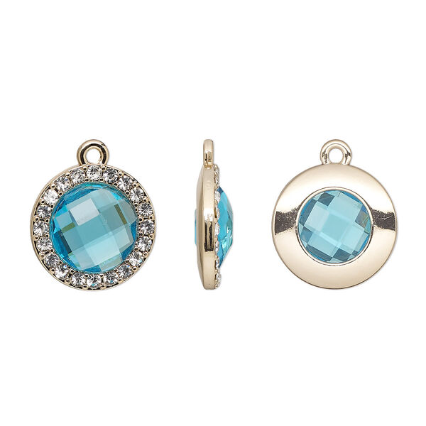 Drop, glass / glass rhinestone / gold-finished "pewter" (zinc-based alloy), clear and transparent sapphire blue, 17mm single-sided round. Sold per pkg of 2. image number 0