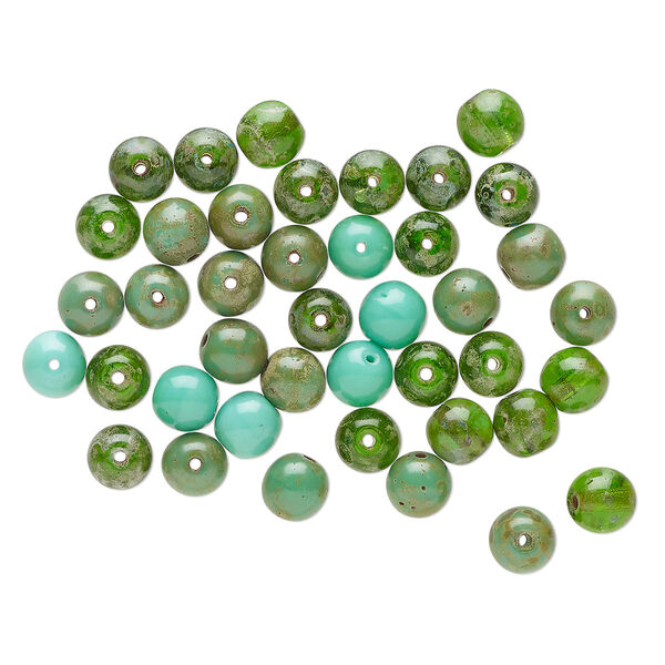 Bead mix, Czech glass, transparent to opaque multi-green, 6mm round. Sold per pkg of 10. image number 0