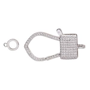 Clasp lobster claw 1pkg1 silver-plated, 33x18.5mm double-sided, brass / cubic zirconia clear 1-strand