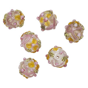 Bead, lampworked glass 1pkg6, multicolored, 19x16mm rondelle with flower and ribbon.
