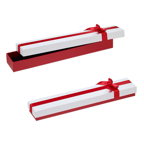 Gift box, cardboard / paper / velveteen / nylon, red shimmer / white / black, 1 x 1-1/2 x 9-inch rectangle with ribbon and bow. Sold per pkg of 12. image number 0