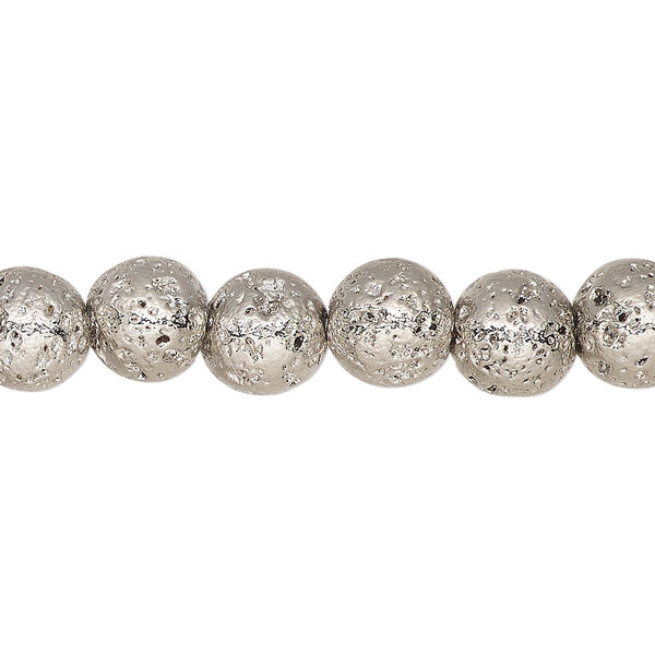 Bead, electro-coated lava rock (coated), rhodium, 7-8mm round. Sold per 15-1/2" to 16" strand. image number 0