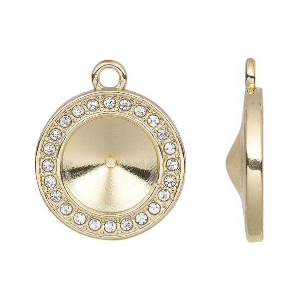 Drop, Almost Instant Jewelry®, cubic zirconia and gold-finished "pewter" (zinc-based alloy), clear, 19.5mm single-sided round with 12mm rivoli glue-in setting. Sold per pkg of 2. image number 0