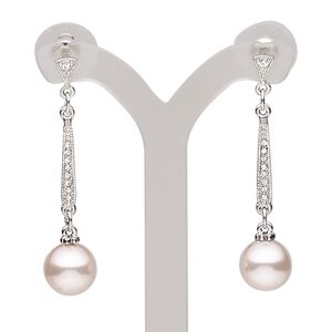 Earring, glass pearl / glass rhinestone / imitation rhodium-plated steel / "pewter" (zinc-based alloy), pink and clear, 1-1/2 inches with round and post. Sold per pair.