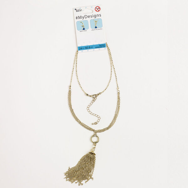 Necklace, steel and glass, pkg/24 inches, gold finish and clear, mixed chain, 4-inch chain tassel with lobster claw clasp and extender chain. image number 0
