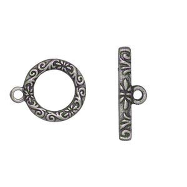 Clasp, toggle, antique silver-finished "pewter" (zinc-based alloy), 17mm single-sided round with vine and flower design. Sold per pkg of 8. image number 0