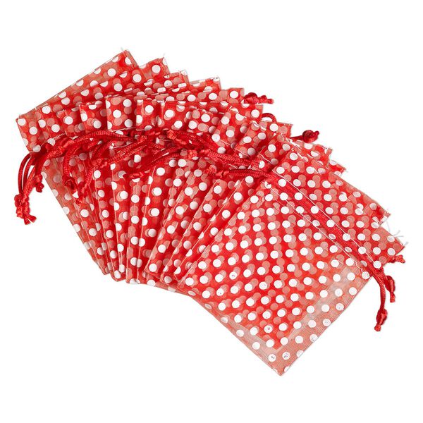 Pouch, organza, red and white, 4x3 inches with dots pattern and drawstring closure. Sold per pkg of 12. image number 0